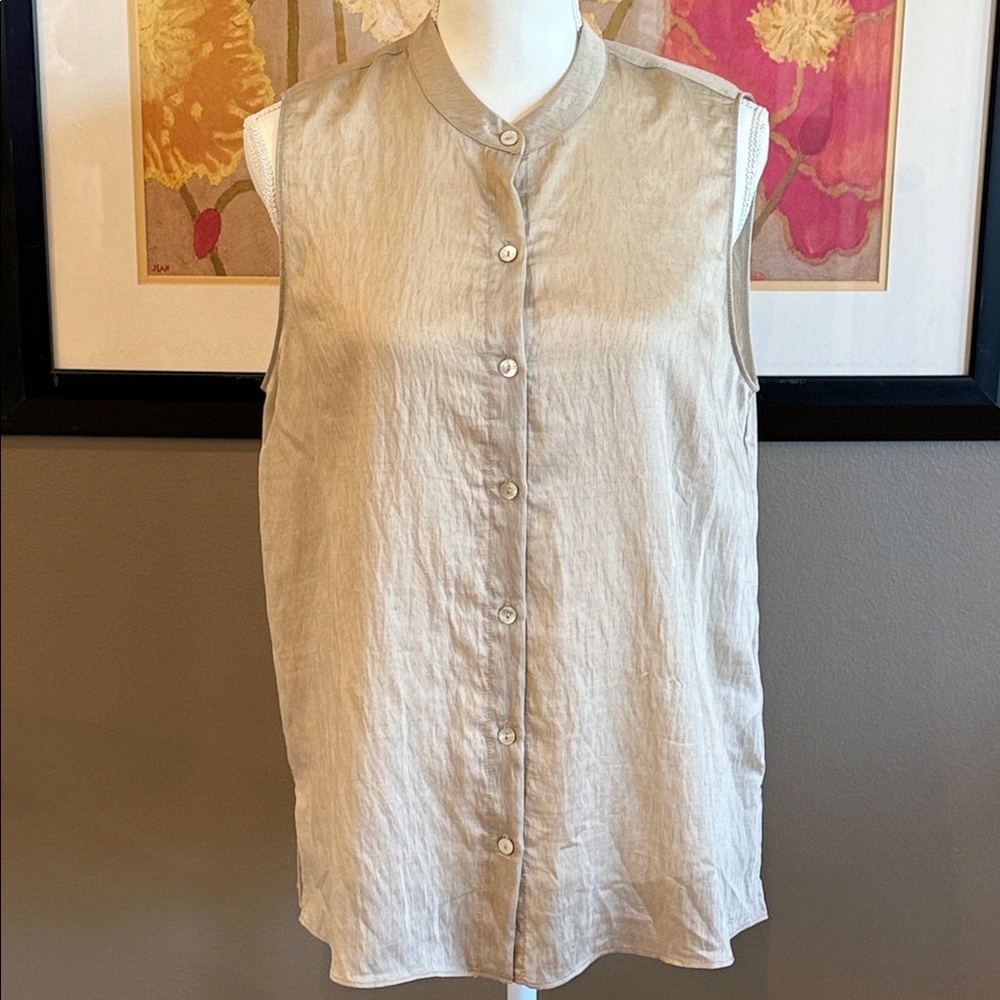 NAKED ZEBRA Sleeveless Tan Button-Up Tunic Top Cotton Hemp Blend Size Large
